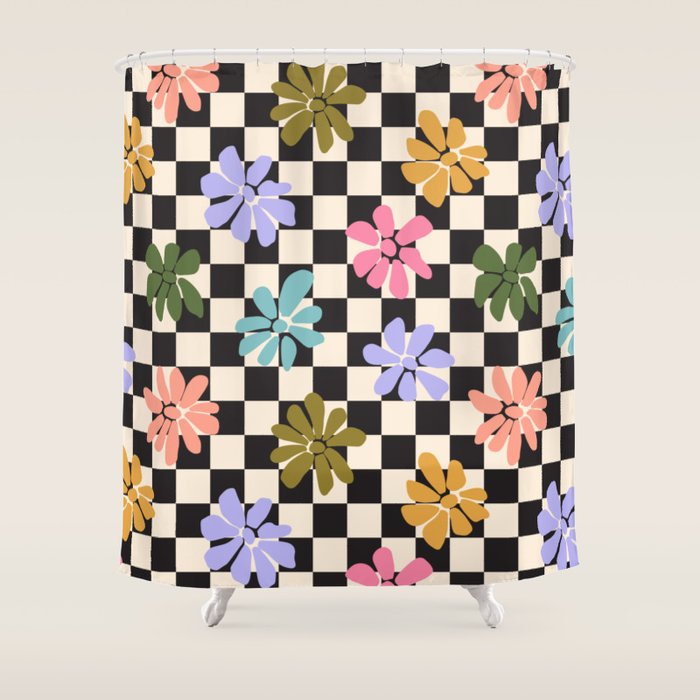 Black and White Checkered - Retro Rainbow Daisies  Shower Curtain Gallery Image 1