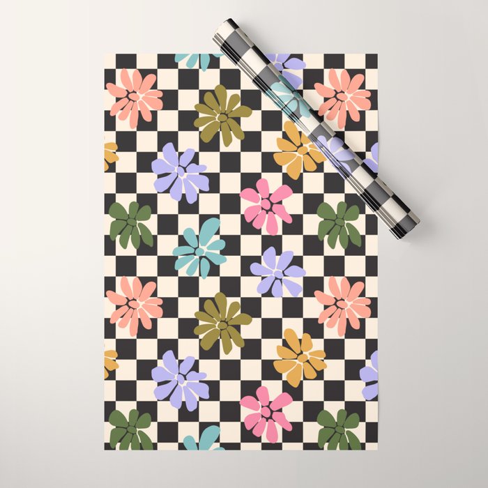 Black and White Checkered - Retro Rainbow Daisies  Wrapping Paper Gallery Image 1