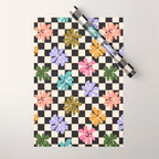 Black and White Checkered - Retro Rainbow Daisies  Wrapping Paper Gallery Image 1