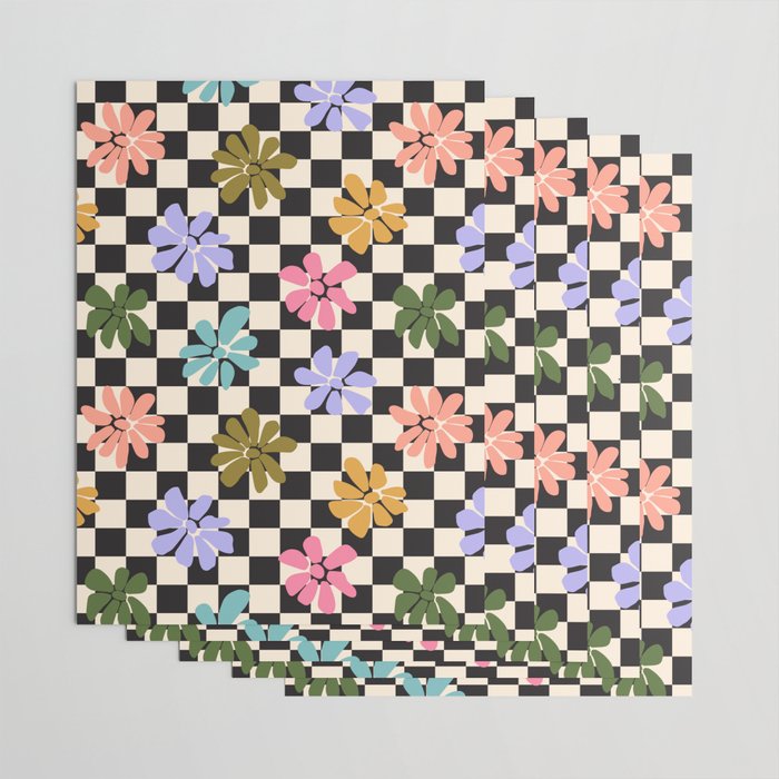 Black and White Checkered - Retro Rainbow Daisies  Wrapping Paper Gallery Image 3