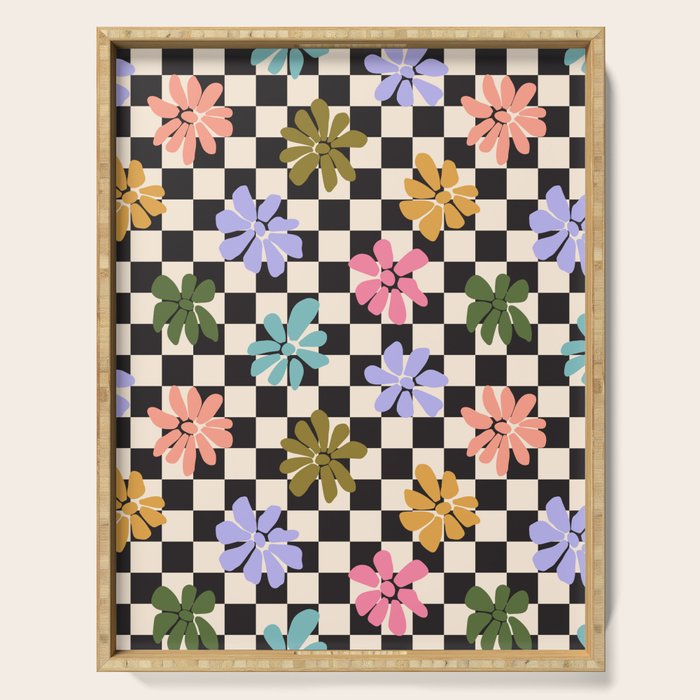 Black and White Checkered - Retro Rainbow Daisies  Serving Tray Gallery Image 1