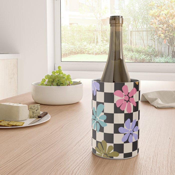 Black and White Checkered - Retro Rainbow Daisies  Wine Chiller Gallery Image 4