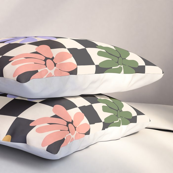 Black and White Checkered - Retro Rainbow Daisies  Pillow Sham Gallery Image 3