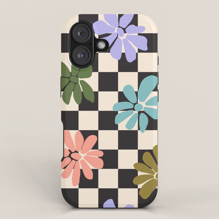 Black and White Checkered - Retro Rainbow Daisies  iPhone Case Gallery Image 1