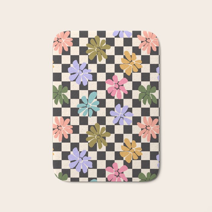 Black and White Checkered - Retro Rainbow Daisies  Bath Mat Gallery Image 1