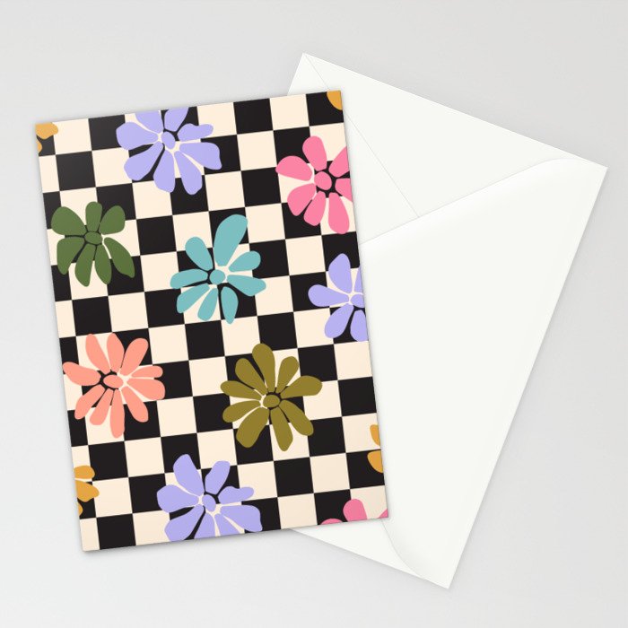 Black and White Checkered - Retro Rainbow Daisies  Stationery Card Gallery Image 2