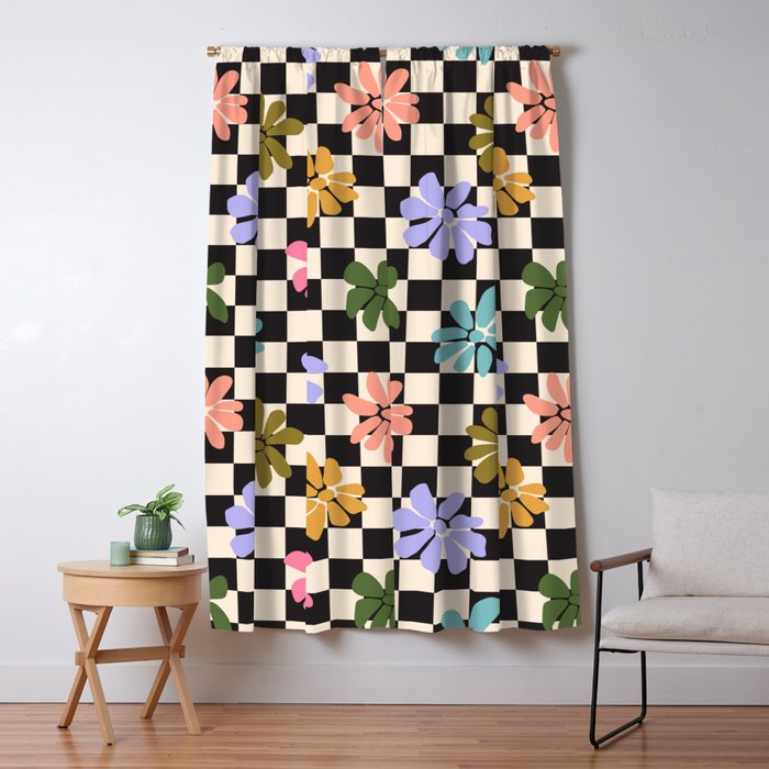 Black and White Checkered - Retro Rainbow Daisies  Window Curtain Gallery Image 5