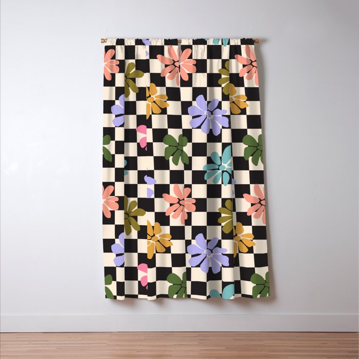 Black and White Checkered - Retro Rainbow Daisies  Window Curtain Gallery Image 3