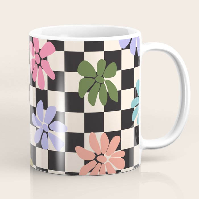 Black and White Checkered - Retro Rainbow Daisies  Coffee Mug Gallery Image 1