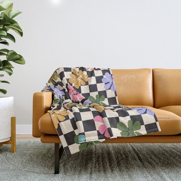 Black and White Checkered - Retro Rainbow Daisies  Throw Blanket Gallery Image 1