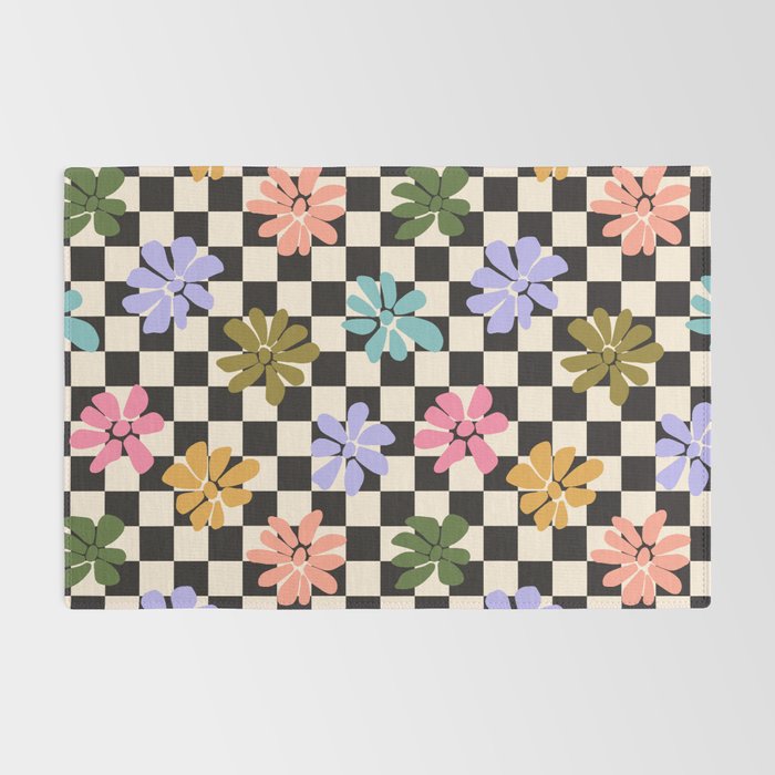 Black and White Checkered - Retro Rainbow Daisies  Rug Gallery Image 2