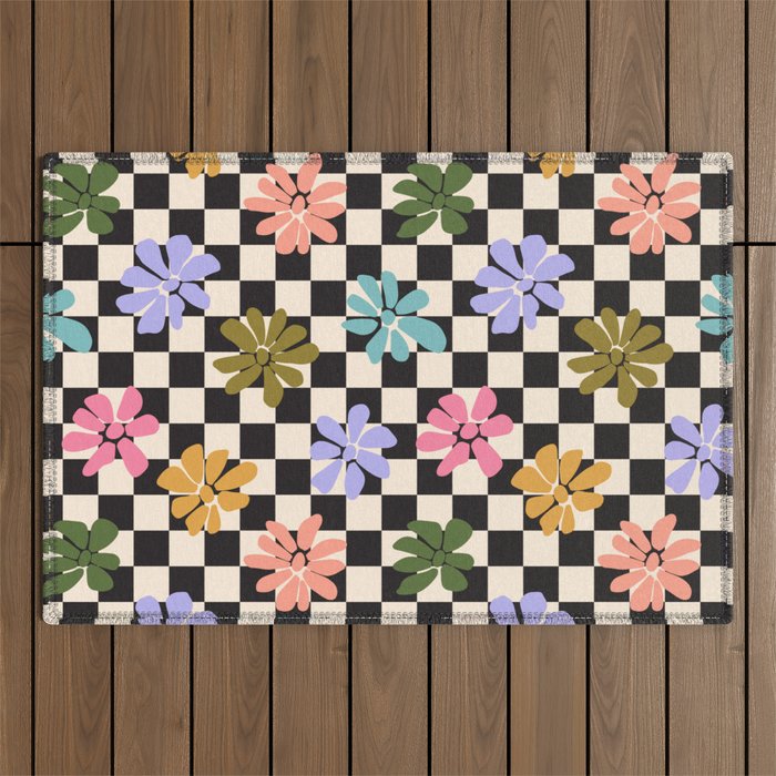 Black and White Checkered - Retro Rainbow Daisies  Outdoor Rug Gallery Image 1