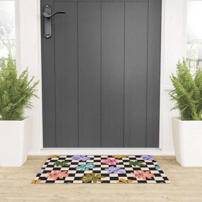 Black and White Checkered - Retro Rainbow Daisies  Welcome Mat Gallery Image 3
