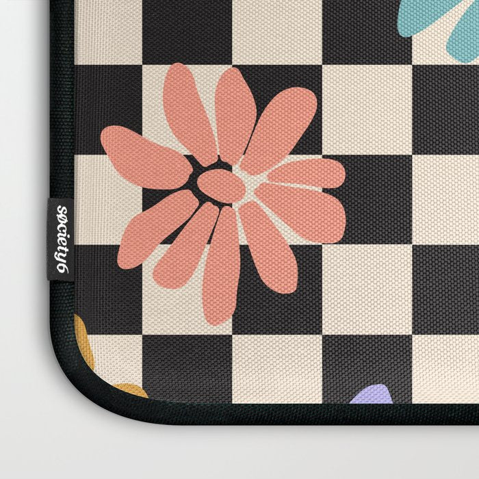 Black and White Checkered - Retro Rainbow Daisies  Laptop Sleeve Gallery Image 3