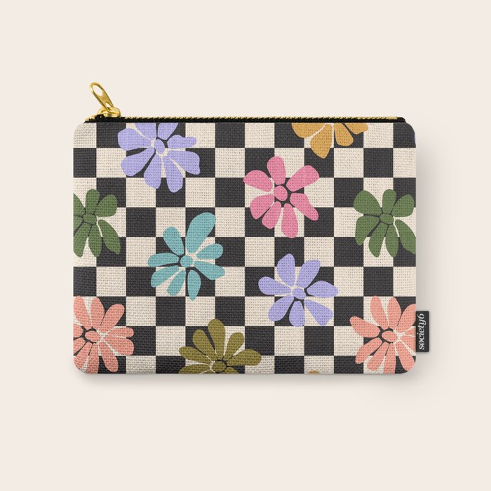 Black and White Checkered - Retro Rainbow Daisies  Carry All Pouch Gallery Image 1