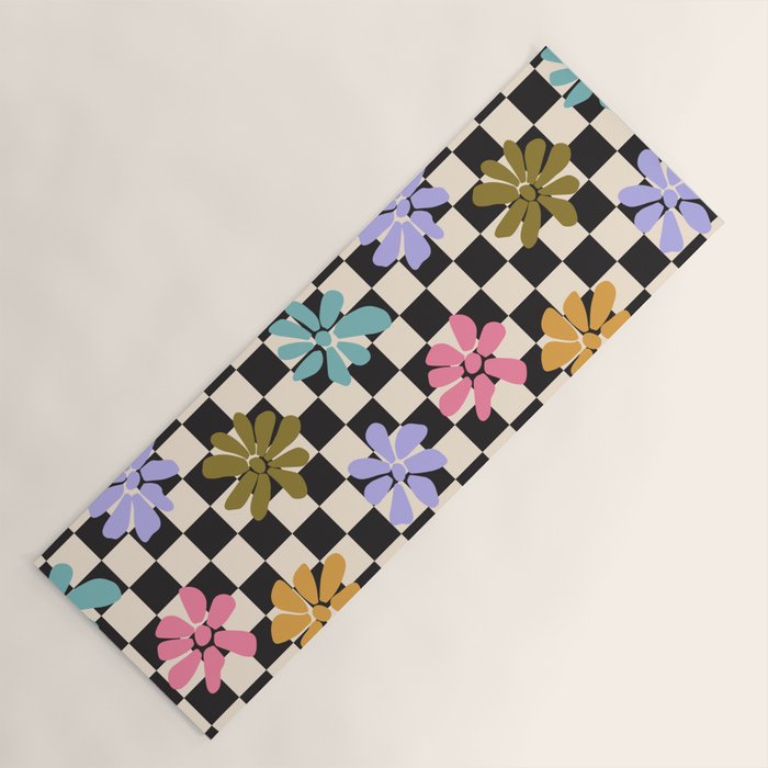 Black and White Checkered - Retro Rainbow Daisies  Yoga Mat Gallery Image 1