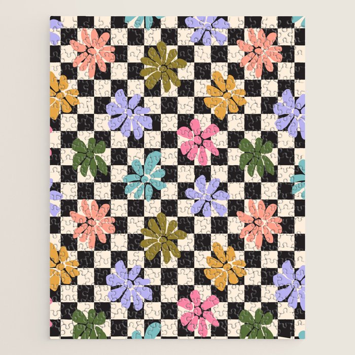 Black and White Checkered - Retro Rainbow Daisies  Jigsaw Puzzle Gallery Image 1