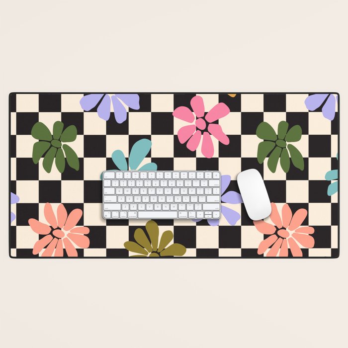 Black and White Checkered - Retro Rainbow Daisies  Desk Mat Gallery Image 1