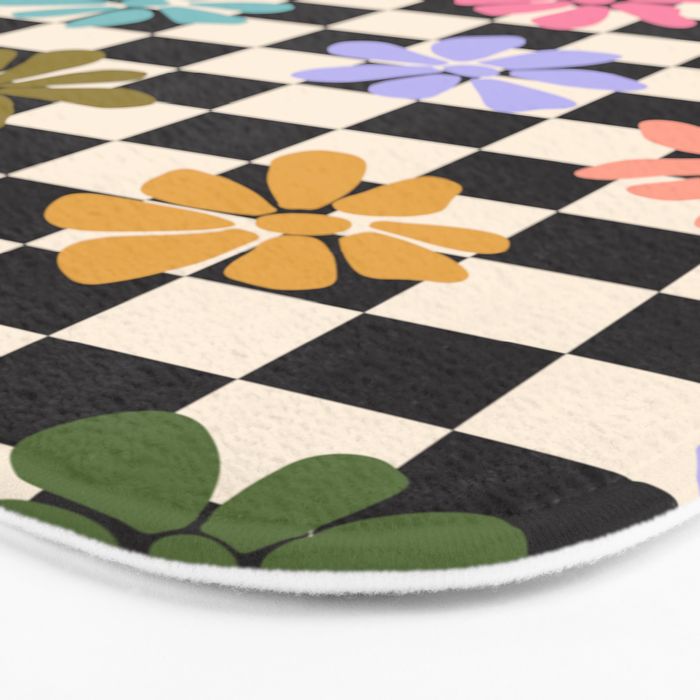 Black and White Checkered - Retro Rainbow Daisies  Bath Mat Gallery Image 3
