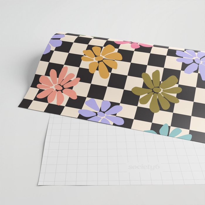 Black and White Checkered - Retro Rainbow Daisies  Wrapping Paper Gallery Image 2
