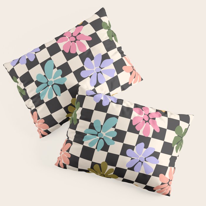 Black and White Checkered - Retro Rainbow Daisies  Pillow Sham Gallery Image 1