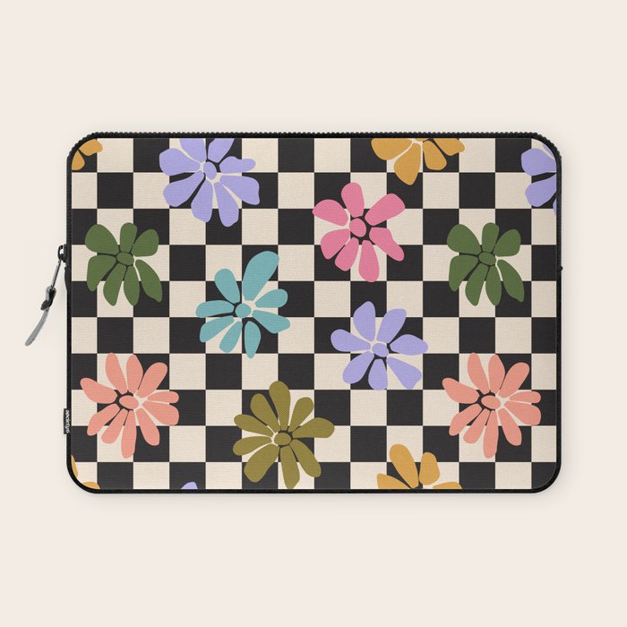 Black and White Checkered - Retro Rainbow Daisies  Laptop Sleeve Gallery Image 1