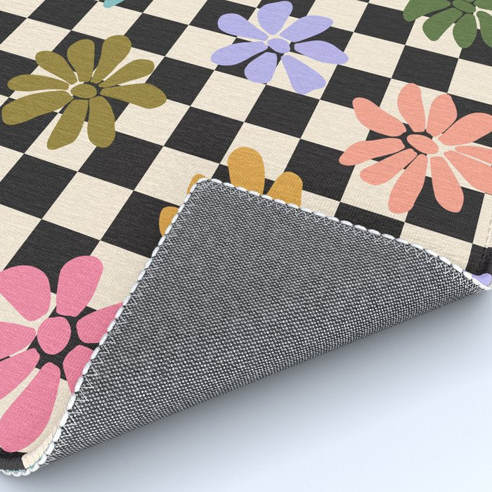 Black and White Checkered - Retro Rainbow Daisies  Rug Gallery Image 4