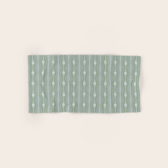 Wavy lines and tiny blooms - dusty mint sage green and cream stripes pattern Bath Towel Gallery Image 1