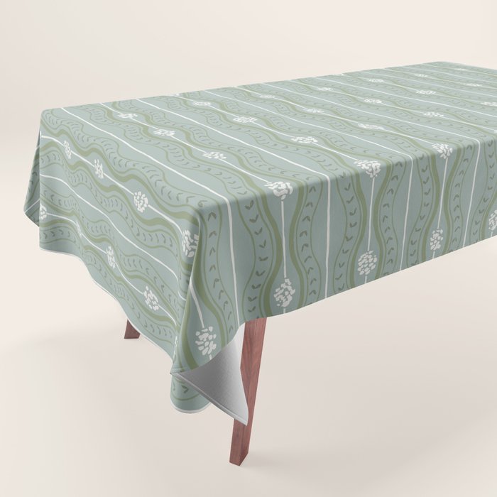 Wavy lines and tiny blooms - dusty mint sage green and cream stripes pattern Tablecloth Gallery Image 1