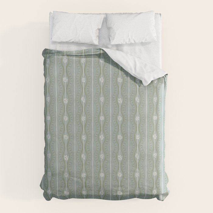 Wavy lines and tiny blooms - dusty mint sage green and cream stripes pattern Duvet Cover Gallery Image 6
