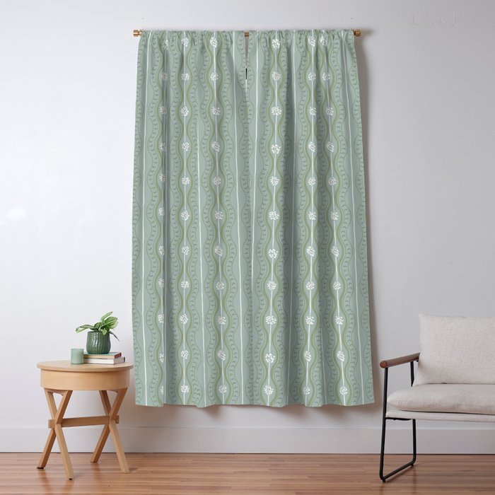 Wavy lines and tiny blooms - dusty mint sage green and cream stripes pattern Window Curtain Gallery Image 5