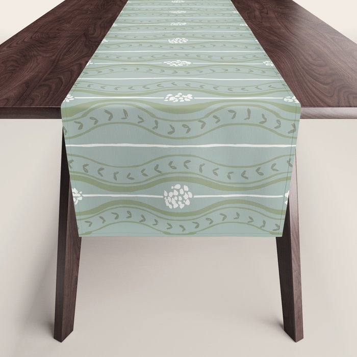 Wavy lines and tiny blooms - dusty mint sage green and cream stripes pattern Table Runner Gallery Image 1