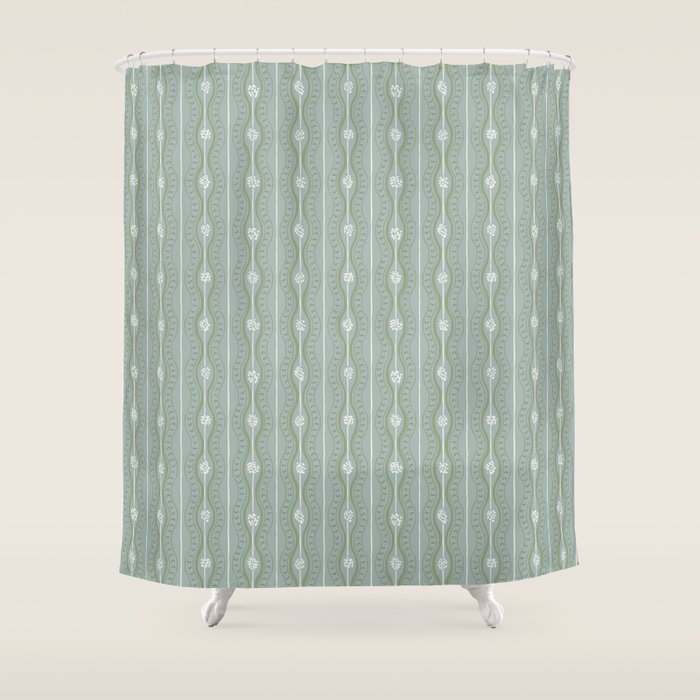 Wavy lines and tiny blooms - dusty mint sage green and cream stripes pattern Shower Curtain Gallery Image 1