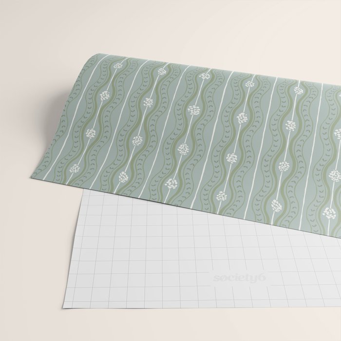 Wavy lines and tiny blooms - dusty mint sage green and cream stripes pattern Wrapping Paper Gallery Image 2