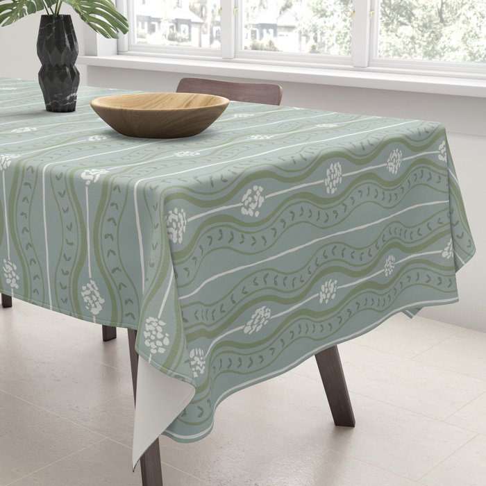 Wavy lines and tiny blooms - dusty mint sage green and cream stripes pattern Tablecloth Gallery Image 3