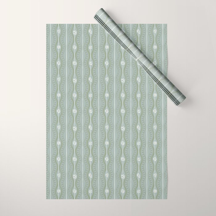 Wavy lines and tiny blooms - dusty mint sage green and cream stripes pattern Wrapping Paper Gallery Image 1