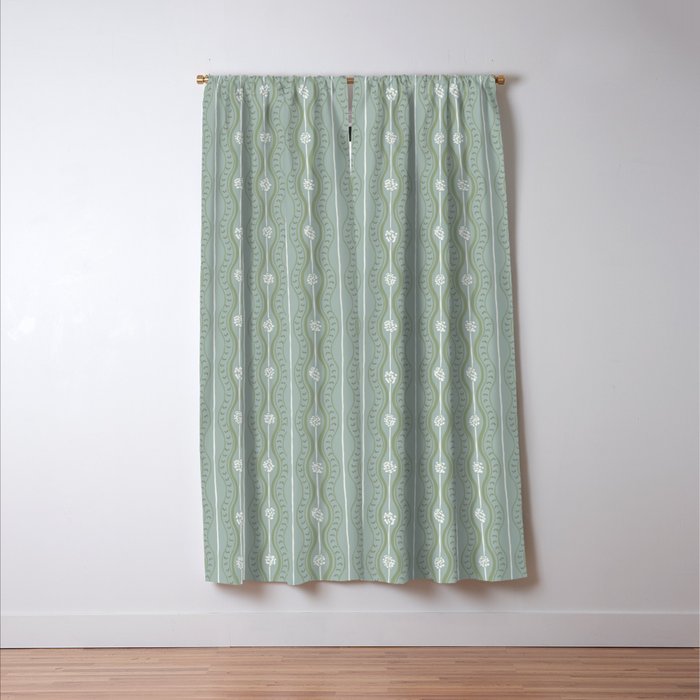 Wavy lines and tiny blooms - dusty mint sage green and cream stripes pattern Window Curtain Gallery Image 3