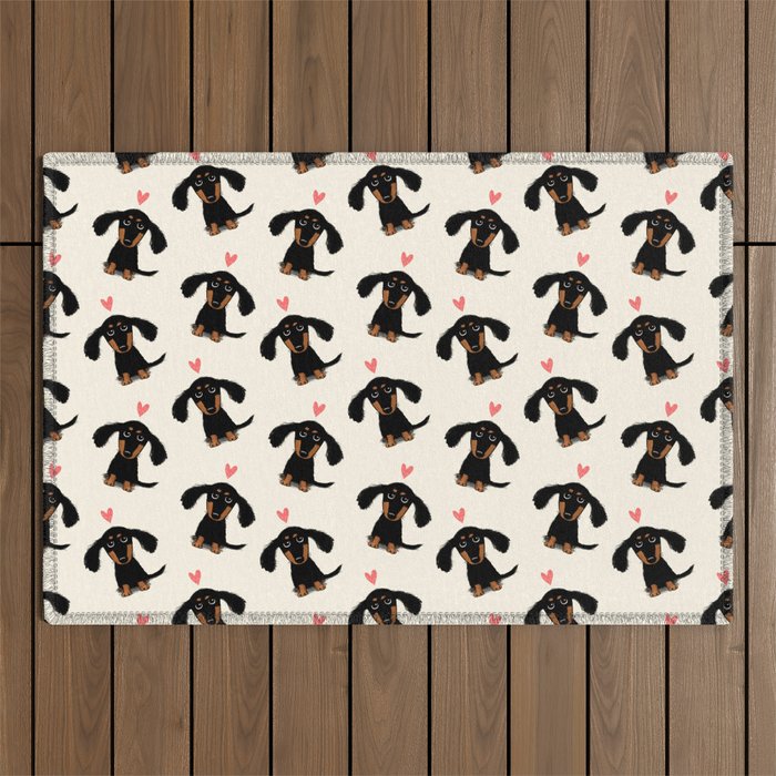 Dachshund Love | Cute Longhaired Black and Tan Wiener Dog Outdoor Rug Gallery Image 1