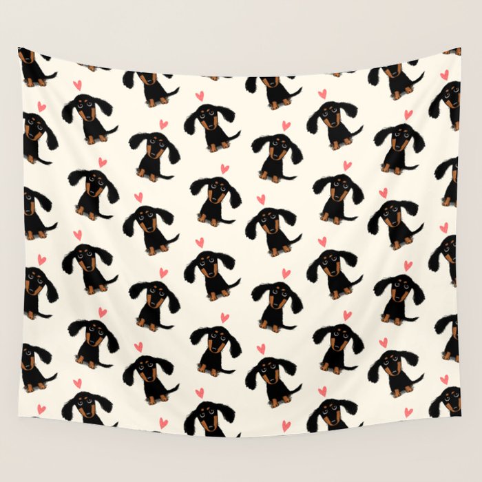 Dachshund Love | Cute Longhaired Black and Tan Wiener Dog Wall Tapestry Gallery Image 1