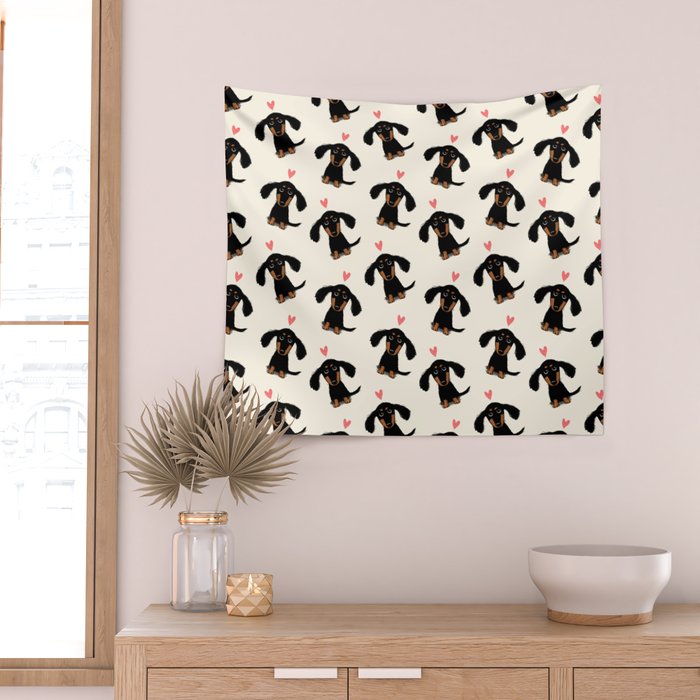 Dachshund Love | Cute Longhaired Black and Tan Wiener Dog Wall Tapestry Gallery Image 2