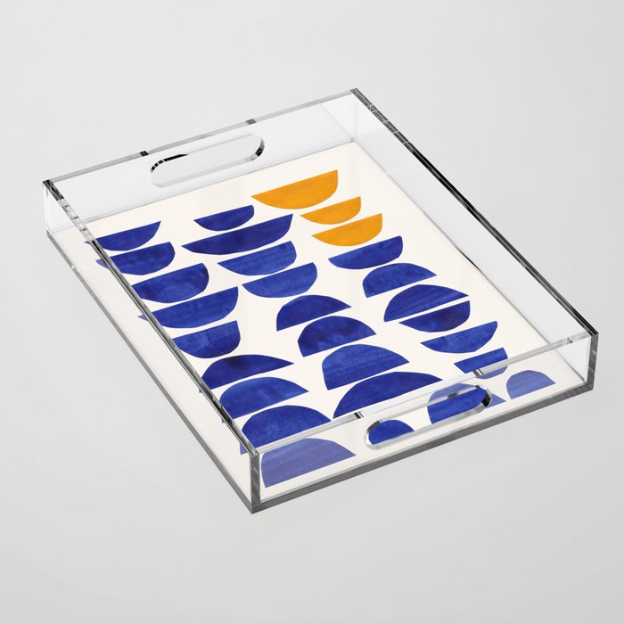 'Sunset Eyes' Mid Century Modern Minimalist Paper Collage Semicircles Blue Yellow Colors Acrylic Tray Gallery Image 1