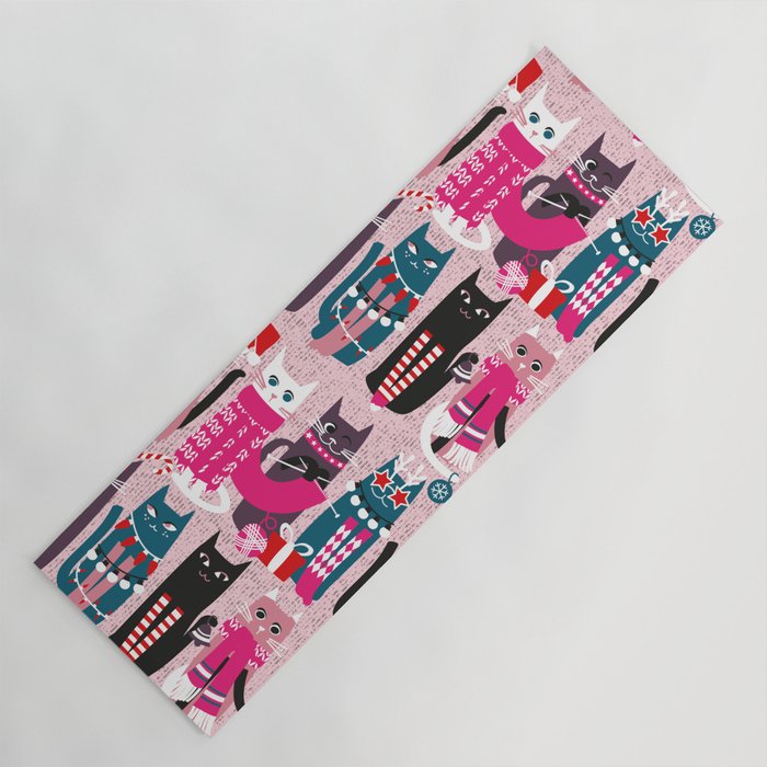 Feline Christmas vibes // pastel pink background green fuchsia pink white and black kittens Yoga Mat Gallery Image 1