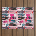 Feline Christmas vibes // pastel pink background green fuchsia pink white and black kittens Outdoor Rug Gallery Image 1
