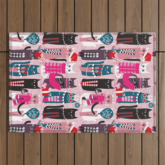 Feline Christmas vibes // pastel pink background green fuchsia pink white and black kittens Outdoor Rug Gallery Image 1