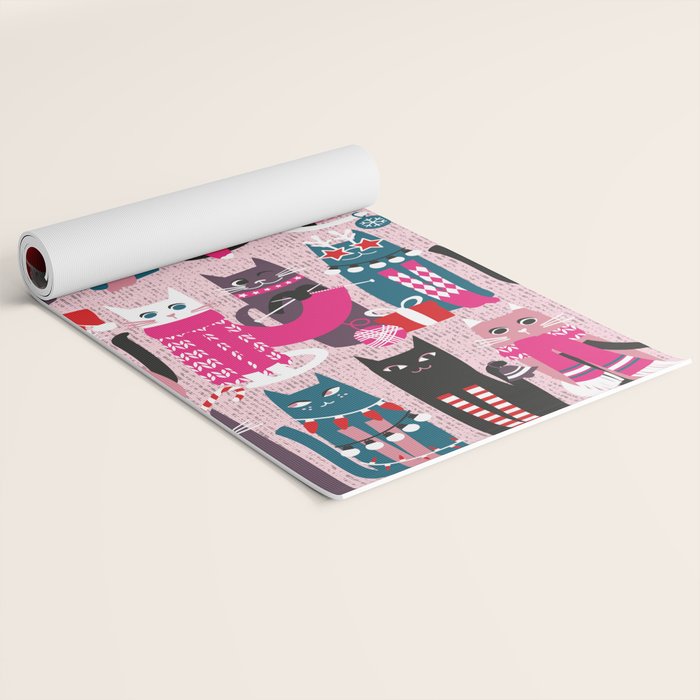 Feline Christmas vibes // pastel pink background green fuchsia pink white and black kittens Yoga Mat Gallery Image 2