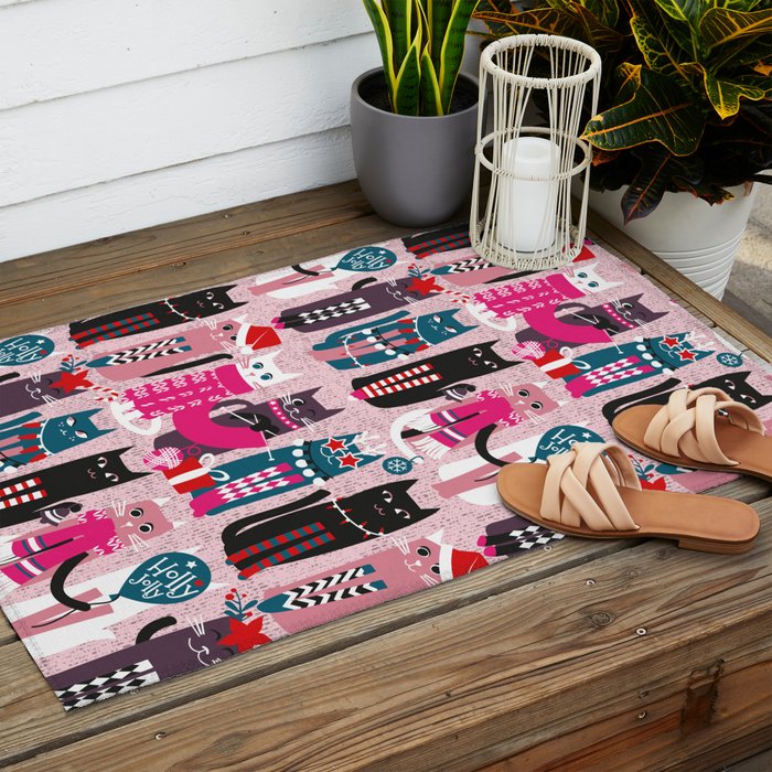 Feline Christmas vibes // pastel pink background green fuchsia pink white and black kittens Outdoor Rug Gallery Image 2