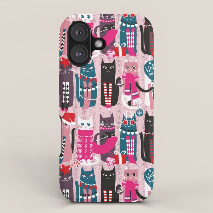 Feline Christmas vibes // pastel pink background green fuchsia pink white and black kittens iPhone Case Gallery Image 1