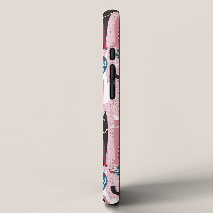 Feline Christmas vibes // pastel pink background green fuchsia pink white and black kittens iPhone Case Gallery Image 2
