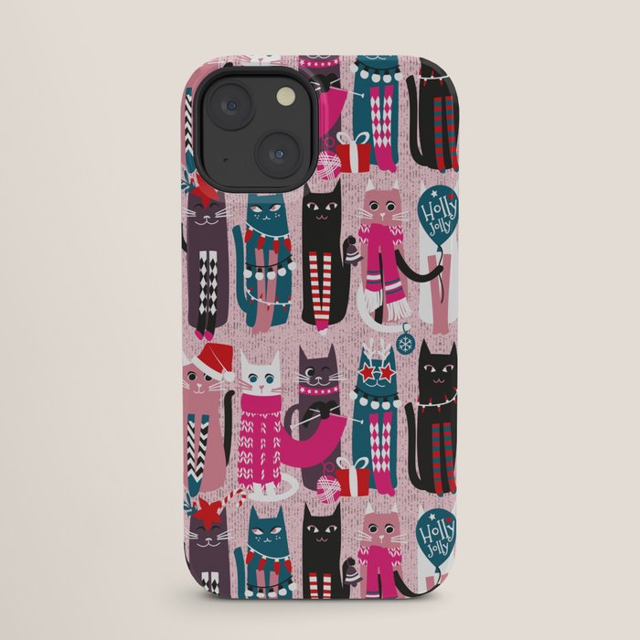 Feline Christmas vibes // pastel pink background green fuchsia pink white and black kittens iPhone Case Gallery Image 25