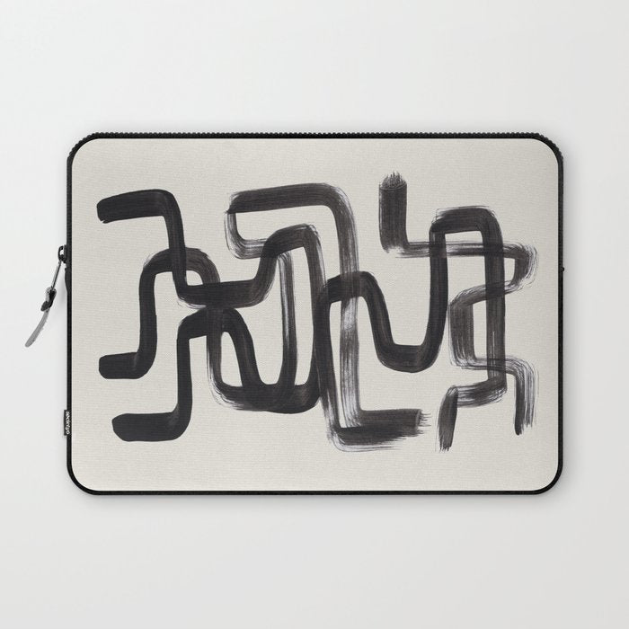 Mid Century Modern Minimalist Abstract Art Brush Strokes Black & White Ink Art Pipe Maze Laptop Sleeve Gallery Image 1